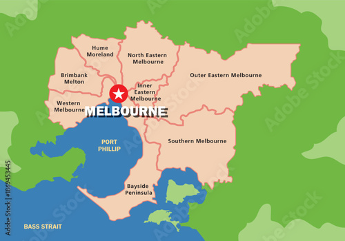 Melbourne city map with suburbs and regions, vector illustration