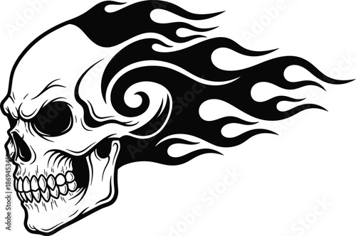 Flaming skull illustration with black and white design