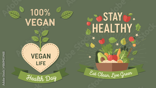 Healthy Vegan Lifestyle Illustration with Organic Vegetables, Plant-Based Diet Icons, Clean Eating Concept, Eco-Friendly Food Graphic for Health Promotion