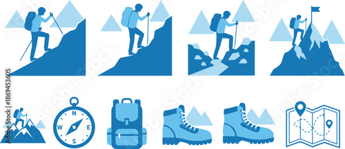 Hiking adventure icons and mountain climbing illustrations with backpack, trekking gear, compass, boots, map, summit flag, outdoor exploration vector