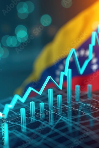 Infografía financiera con líneas gráficas fluctuantes, fondo combinado con la bandera venezolana y tema de análisis económico