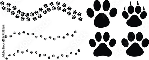 Paw print of dog, cat walk foot print, puppy pet footprint. silhouette animal diagonal tracks for t-shirts. Seamless texture pattern