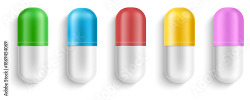 Realistic medical pills. Colorful capsules containing medicine or vitamins. Pharmaceutical mockup. Supplement dose. Prescription remedy. Disease treatment. Vector isolated 3D objects set