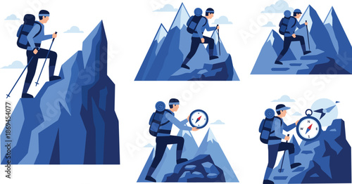 Mountain hiking adventure with compass and trekking poles, outdoor explorer climbing rocky peaks and navigating trails in scenic wilderness landscape