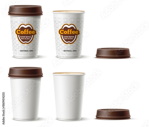 Realistic disposable cardboard coffee cups for hot drinks with plastic lids. Takeaway cappuccino. Beverage mug mockup. 3D container. Open and closed cap. Vector isolated objects set
