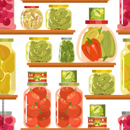 Pickles in glass jars and canned goods on shelves in pantry. Conserved vegetables and fruits seamless pattern. Marinated cucumber or tomato pots on shelving. Pear compote. Vector background