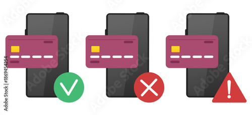 Phone with credit card, check mark, cross and an exclamation mark. Payment confirmation. Rejected transfer. Bank paying disallowed. Attention icon. Money safety. Vector smartphones set