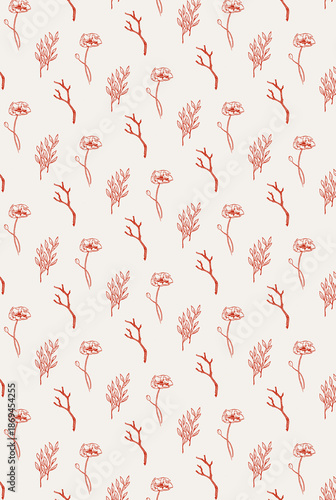 Red on white twig and poppy pattern background, floral minimal pattern, hand drawn botanical icons