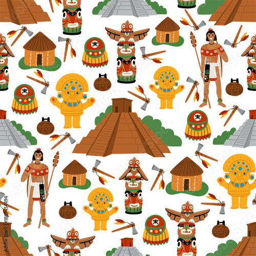 Mayan pyramids, religious totems and golden statuette. Ancient civilization seamless pattern. Aztecs and Incas tribal architecture. Tomahawk and arrow. Indian warrior. Vector background