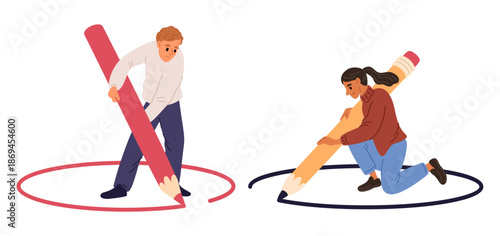 Man and woman draw their comfort zone. Boundary of personal space and privacy. People with big pencils write separation lines. Introvert psychology. Contact barrier. Vector concept