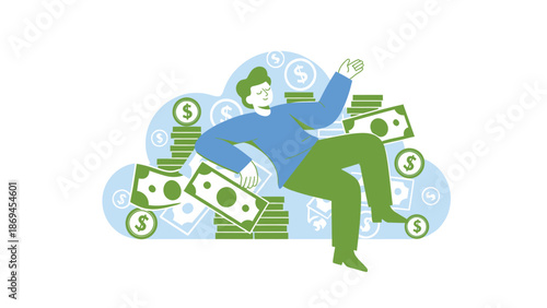 Illustration of Relaxed Person Surrounded by Money and Dollar Symbols