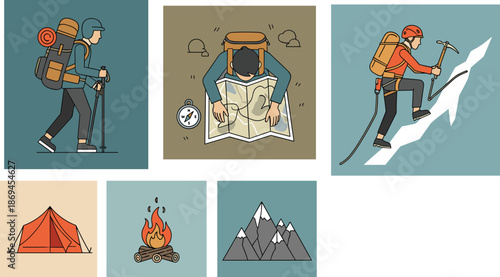 Outdoor adventure hiking camping navigation mountain climbing tent campfire snow peaks exploration vector illustration set for travel lifestyle design