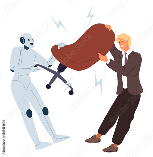 Man and robot compete for job. Competition between humans and artificial intelligence. Android and employee fighting for office chair. Employment battle. AI technology. Vector concept