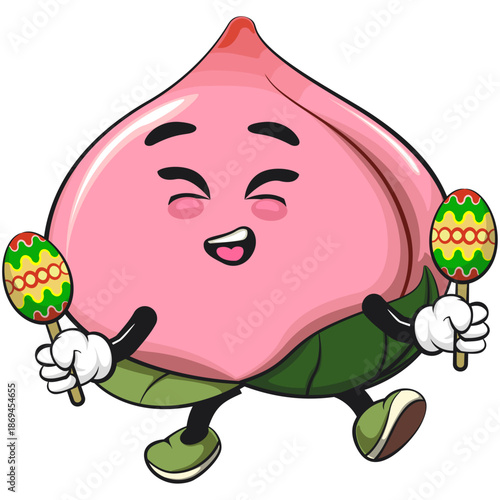 kawaii peach fruit cartoon character mascot illustration plays music with maracas, work of hand drawn