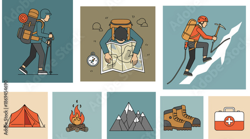 Outdoor hiking adventure icons set with camping gear, mountain climbing, navigation tools, boots, tent, fire, and first aid kit.