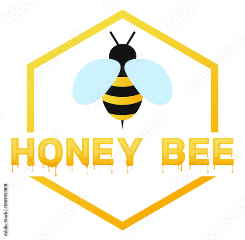 Logo with honey bee in honeycomb frame. Flying insect. Beekeeping logotype. Sweet dripping text font. Beehive animal. Yellow honeybee with wings. Hexagon apiculture icon vector design