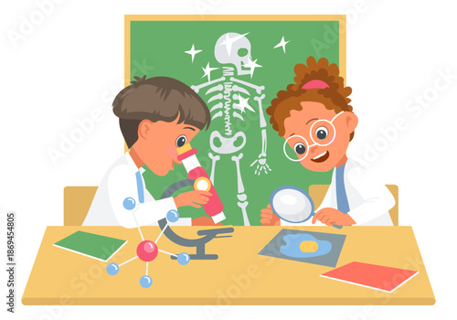Little scientists. Kids in lab coats looking through microscope and magnifier. Children studying human anatomy. Scientific experiments. Laboratory research. Splendid vector concept