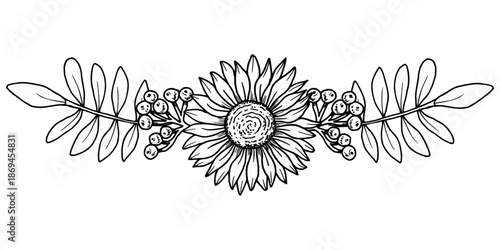 Autumn composition of sunflowers, rowan berries, and leaves. Botanical frame and banner. Vector art. Black graphic illustration, hand-drawn using line art. Suitable for logos and seasonal projects.