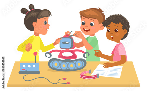 Little scientists. Kids assemble robot. Children programming robotic toy. Boys and girls creating automatic electronic machine with artificial intelligence. Splendid vector concept