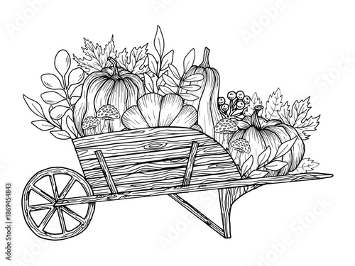 Wooden garden wheelbarrow with pumpkins, maple leaf, mushrooms, berries. Hand drawn vector graphics. Simple black graphic drawing of a vegetable cart. Outline illustration for Thanksgiving, harvest.