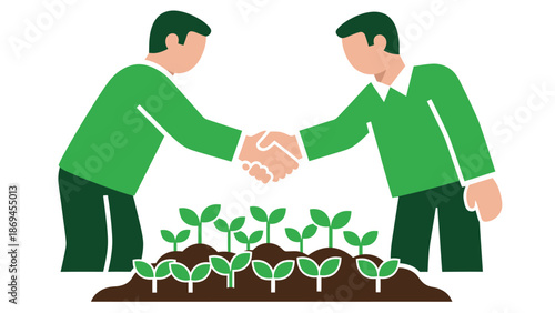 Two People Shaking Hands Over Seedlings, Symbolizing Sustainable Partnership