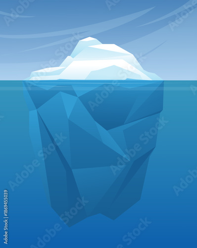 Iceberg made of snow and ice floats in cold ocean water. Icy chunks. Arctic rocks. Big underwater portions. Drifting polar bergs. Frozen glaciers. Vector Antarctic seascape background
