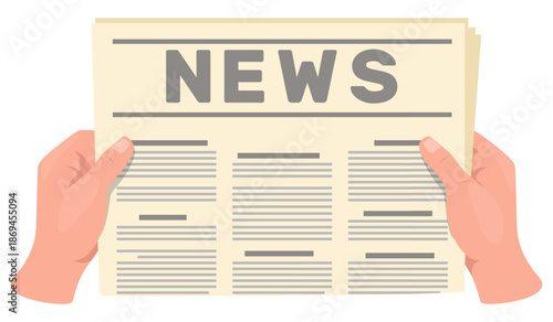 Hands holding paper newspaper. Breaking news. Male person reading print publication. Newsletter article. Journal reportage headline. Magazine content. Media propaganda. Vector concept