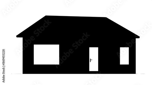Modern flat vector house illustration with a monochrome palette featuring a sleek black exterior, crisp white windows, and a white door, all perfectly symmetrical in layout, with subtle minimal shadow