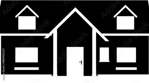 Modern flat vector house illustration with a monochrome palette featuring a sleek black exterior, crisp white windows, and a white door, all perfectly symmetrical in layout, with subtle minimal shadow