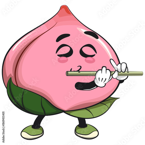 kawaii peach fruit cartoon character mascot illustration playing the flute, work of hand drawn