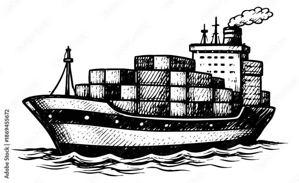 Obraz premium Hand drawn illustration of a container ship depicting cargo transport for global shipping