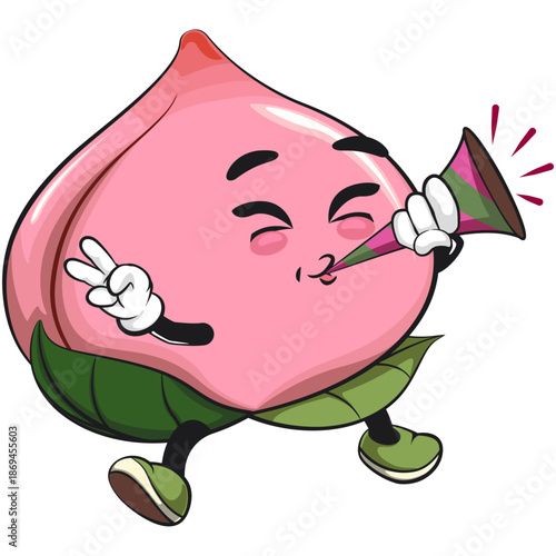 kawaii peach fruit cartoon character mascot illustration blow the party horn trumpet, work of hand drawn