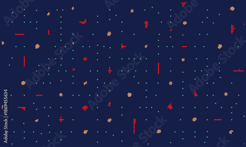 Abstract vector background representing microbiology and data visualization with grid dots and viral clusters. Digital biotechnology concept with bacteria spread pattern on dark blue.