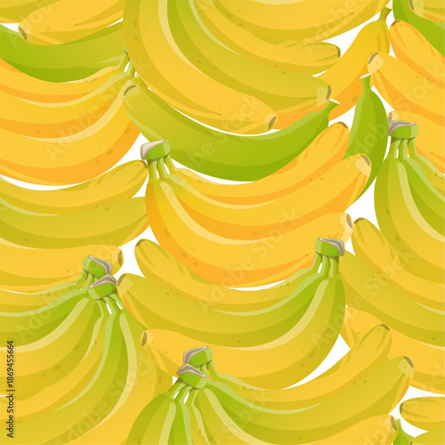 Bunches of ripe and green bananas in skins seamless pattern. Yellow peel. Dietary vegan product. Repeated textile print. Summer food. Natural snack. Whole tropical fruit. Vector background