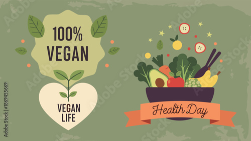 Vegan lifestyle illustration with healthy fruits, vegetables, heart symbol, green leaves and bowl promoting plant-based diet and wellness