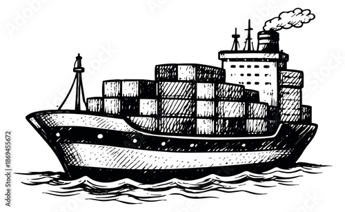 Hand drawn illustration of a container ship depicting cargo transport for global shipping