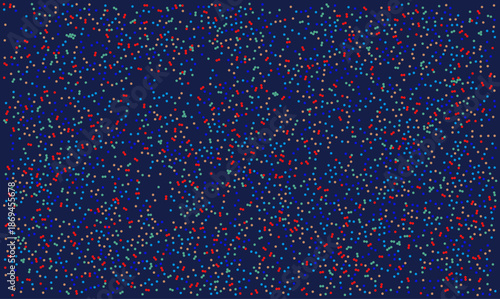 Abstract colorful dots pattern on dark blue vector background representing random noise or confetti texture for holiday celebration banner or digital data grain wallpaper design