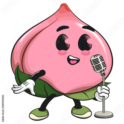 kawaii peach fruit cartoon character mascot illustration on front of the mic, work of hand drawn