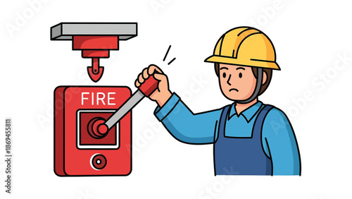 Cartoon Worker Activating Fire Alarm for Emergency Safety