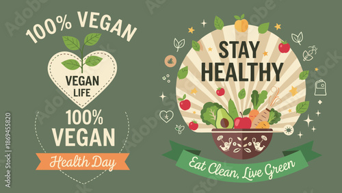 Vegan lifestyle illustration with vegetables, heart emblem, clean eating message, healthy food concept, eco-friendly design for Health Day