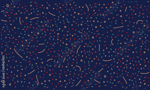 Abstract biological vector pattern with microscopic organisms like bacteria on dark blue. Seamless medical texture with colorful dots and organic chains for science backdrop or wrapping paper design.