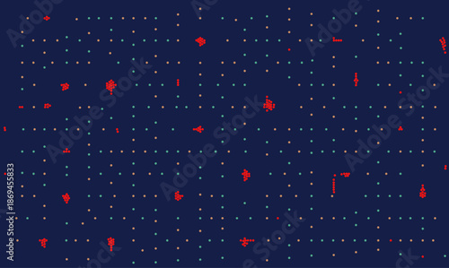 Futuristic vector technology background with scattered red particles on a dark blue grid. Digital data visualization concept ideal for biotechnology, microbiology, and nano science themes.