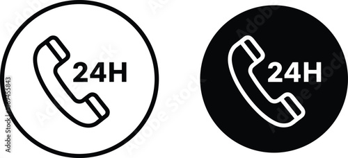 Round 24 hours customer support call icons in black and white styles for service centers and emergency hotlines.