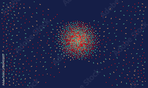 Abstract colorful explosion of dots representing big data dispersion and chaos on dark blue vector background. Futuristic particle scatter design for tech and celebration concepts.