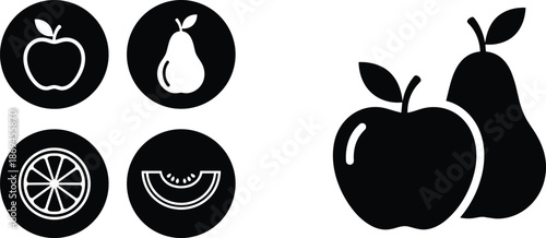 Set of black fruit icons featuring apple pear orange slice and melon for healthy food labels and packaging.
