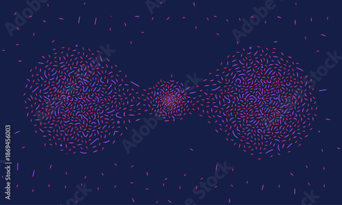 Abstract vector technology background with connecting particle clusters in red and purple colors. Digital data flow and neural network concept for futuristic science design.