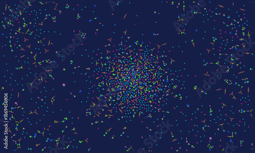 Abstract vector network background with colorful nodes and connections on dark blue. Complex data visualization illustration showing big data cluster in center for technology, science and analytics.