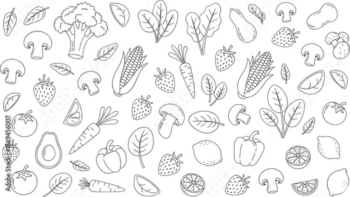 Hand drawn collection of vegetable and fruit line art icons including broccoli carrots strawberries mushrooms and leafy greens.