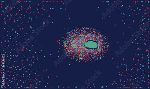 Complex network vector illustration featuring a central cluster of nodes resembling a virus or galaxy, ideal for big data, artificial intelligence, biotechnology, and digital transformation themes.