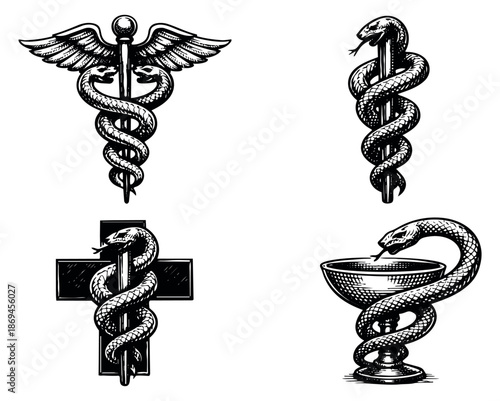 Hand drawn line art medical symbol set featuring caduceus, Rod of Asclepius, Bowl of Hygieia, and a cross with a snake for medicine and pharmacy